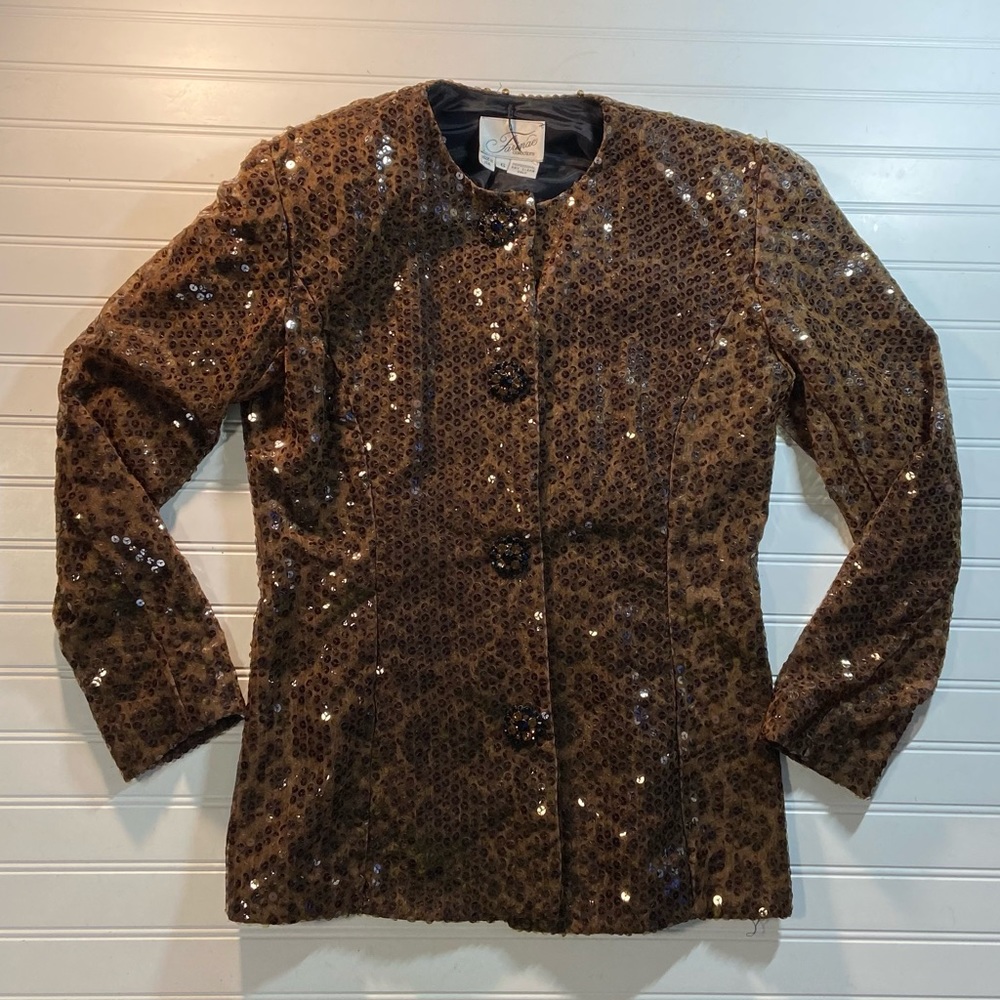Farinae Collection Ladies 6 Lined Leopard Print Brown Sequin Jacket Made in USA - Picture 3 of 5